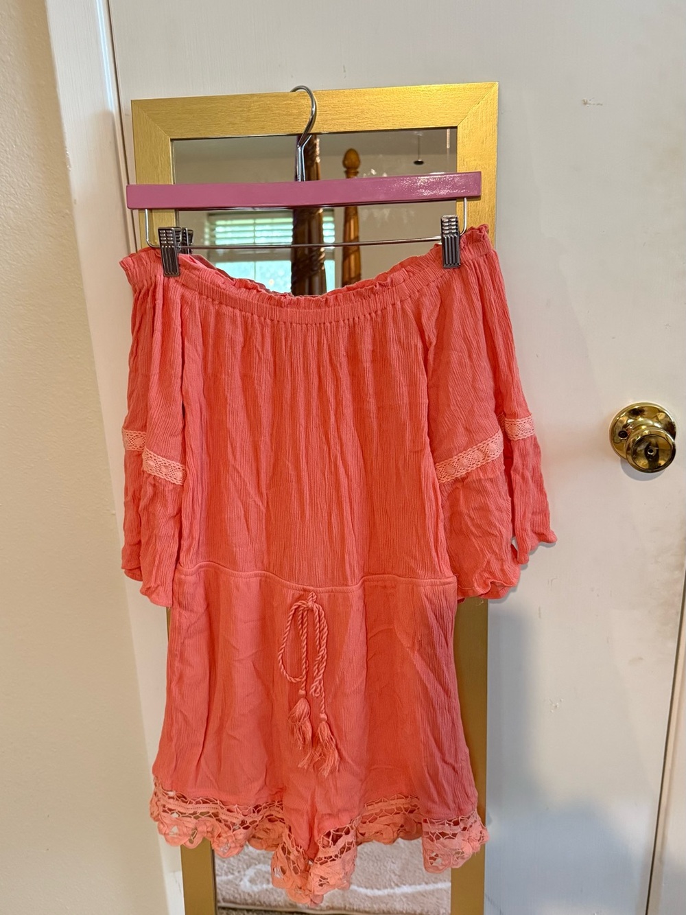 Flying Tomato Coral Off-Shoulder Romper. rarely ever worn! light peachy color!